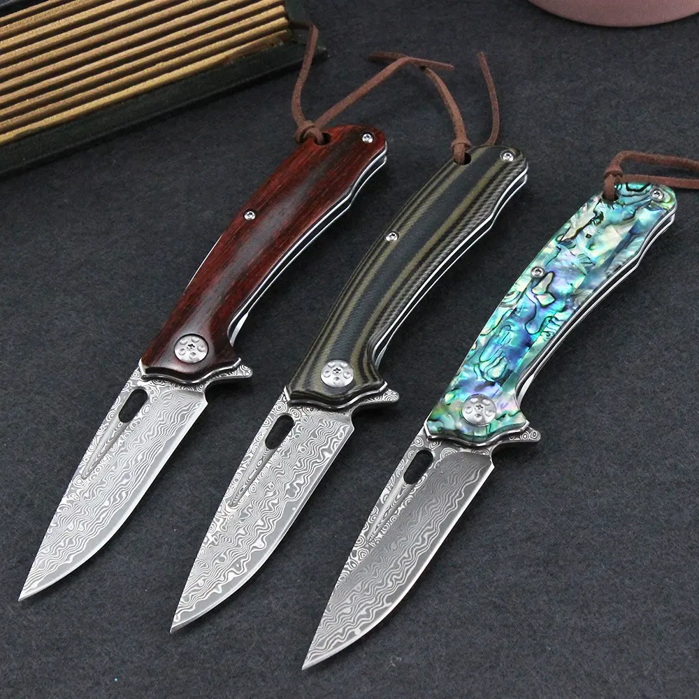 Outdoor Survival Hunting Knives rosewood/color shell/two-color G10 Handle Damascus Steel Folding Pocket Knife with Clip