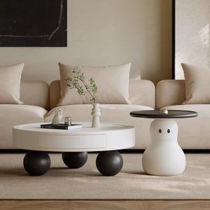 Cream Colored Round Coffee <b>Table</b> Resin Top Modern Minimalist Design <b>Small</b> Living Room Use - Product Image 2