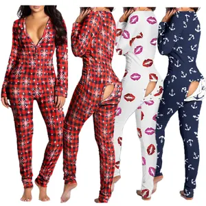 2023 Wholesale Christmas onesie pajamas long sleeve long pants adult sexy onesie butt flap Women Christmas onesie with butt flap