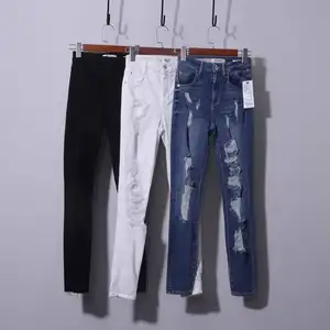 Penjualan langsung pabrik Tiongkok celana pensil jeans melar ramping jeans wanita sobek