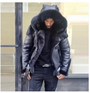 Veste courte zippée avec capuche en simili cuir doublée de polaire épaisse et doublée de <span class=keywords><strong>fourrure</strong></span> pour <span class=keywords><strong>homme</strong></span>, tailles asiatiques, taille petite, Sehe Fashion - Product Image 2