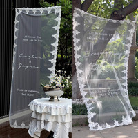 Bannière de toile de fond de mariage en tulle à bordure dentelle avec texte personnalisé, panneau transparent personnalisé pour cérémonie en extérieur, fête, décoration de photomaton