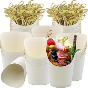 Pack 50 Pcs 14 oz Cups French Fries Charcuterie Holders Take out Paper Snack Cup Kraft Paper Container with 100pcs Ribbon Skewer