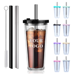 Qua biên giới quảng cáo hai lớp ly nhựa với nắp và rơm trong suốt Chai nước bằng nhựa 16OZ uống cup với logo - Product Image 1