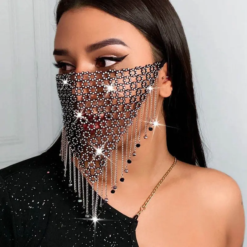 Luxury Halloween Party Face Mask Fashion Lady Veil Geometric Bling Colorful Rhinestone Mask For Women Party Jewelry