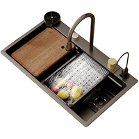 Évier de cuisine moderne de luxe noir fait à la main en acier inoxydable 304 Cascade multifonctionnelle double cuvette avec traitement de surface nano