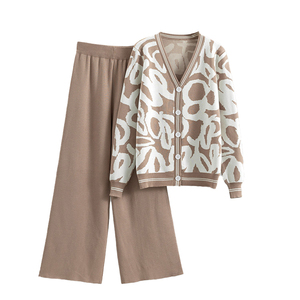 Primavera autunno <span class=keywords><strong>Cardigan</strong></span> lavorato a <span class=keywords><strong>maglia</strong></span> Casual con stampa leopardata <span class=keywords><strong>Cardigan</strong></span> <span class=keywords><strong>e</strong></span> pantaloni lavorati a <span class=keywords><strong>maglia</strong></span> <span class=keywords><strong>Set</strong></span> due pezzi lavorato a <span class=keywords><strong>maglia</strong></span> da donna - Product Image 1