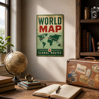 Letrero Metálico Vintage de Viajes por el Mundo, Letrero Rústico de Metal, Mapa de Explorador a la Antigua, Decoración de Pared para Oficina o Cafetería