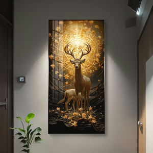 Dipinto Decorativo per Ingresso, Arte da Parete per Corridoio, Cervo Dorato con Lampada LED, Intarsiato con Cristalli di Diamante, Pittura in Porcellana - Product Image 3