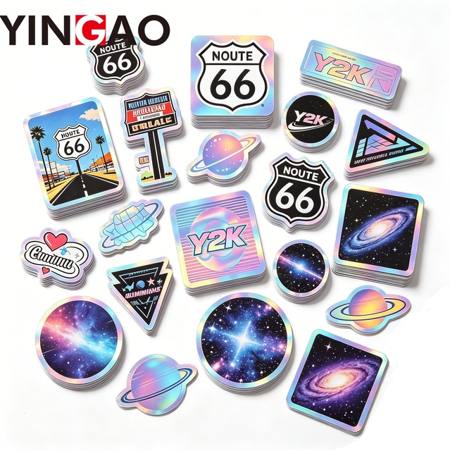 Custom Die Cut Sticker Holographic Y2K Aesthetic Waterproof PVC Vinyl Decals Retro Route 66 Galaxy Space Stickers for Laptop
