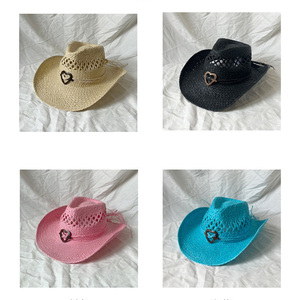 2025 rộng vành tay bện mùa hè Mũ rỗng hình trái tim trang trí unisex mũ rơm cao bồi - Product Image 6