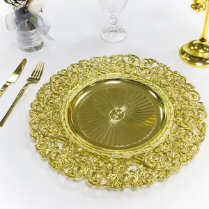 Luxury Durable Wedding Show European Vintage Embossed Home Decorative Round Gold Plastic Charger Plates