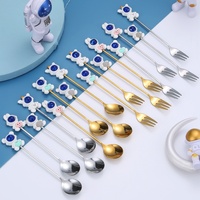 Cuillère et fourchette à café en acier inoxydable, design astronaute créatif et mignon, poli miroir