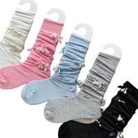 Chaussettes mi-mollet pour femme, style rétro, avec nœud perlé et strass scintillants, en coton absorbant la transpiration, fines et amincissantes pour l'été