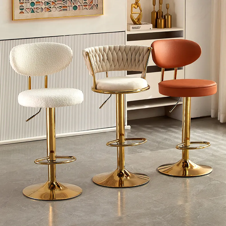 Silla de Bar, muebles altos nórdicos para mostrador, respaldo de terciopelo de Metal dorado, cocina de lujo, taburete alto moderno de cuero, sillas de Bar para mesa de Bar