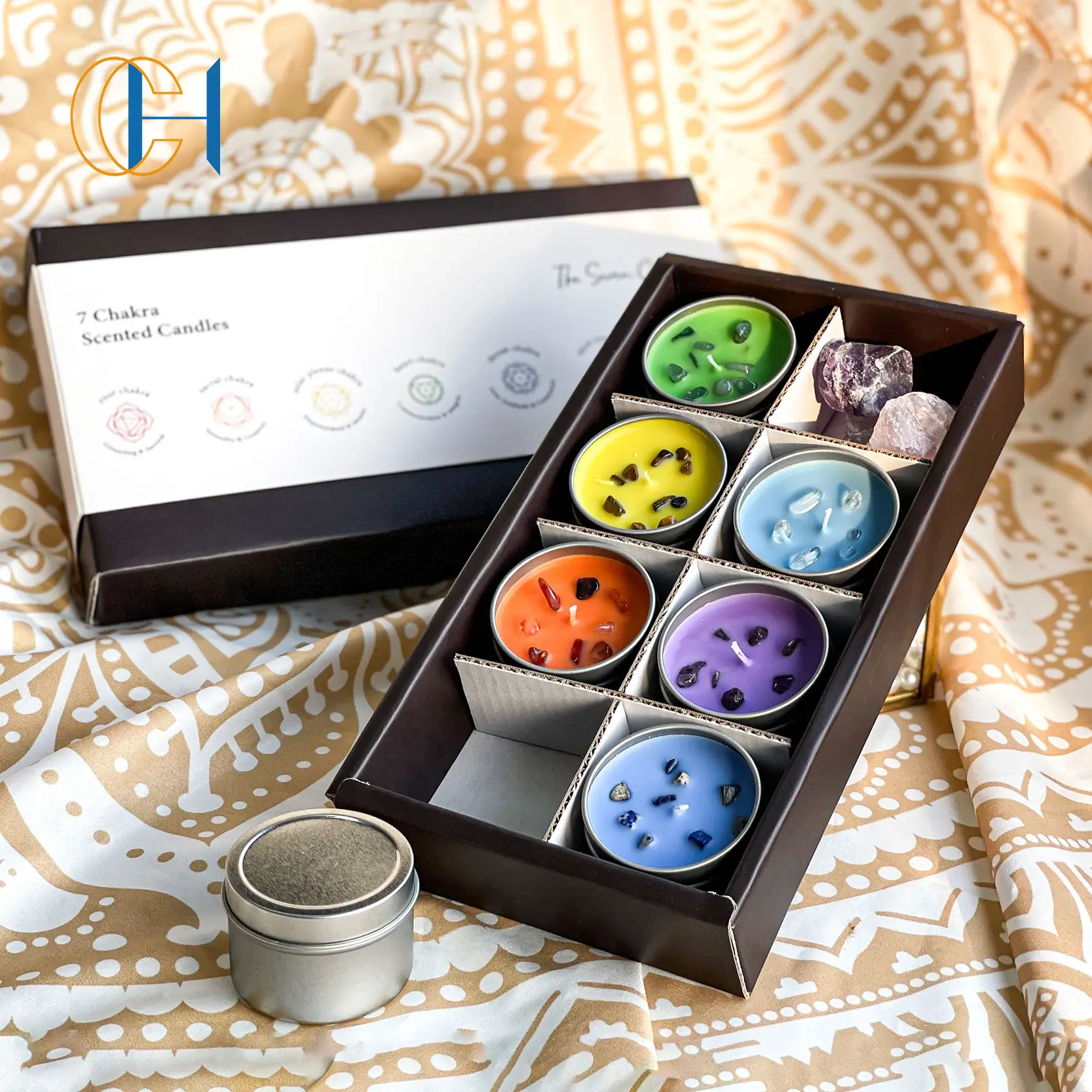 C & H produk Spiritual Set warna-warni lilin kedelai kristal penyembuhan batu perangkap 7 Chakra teh Set lilin
