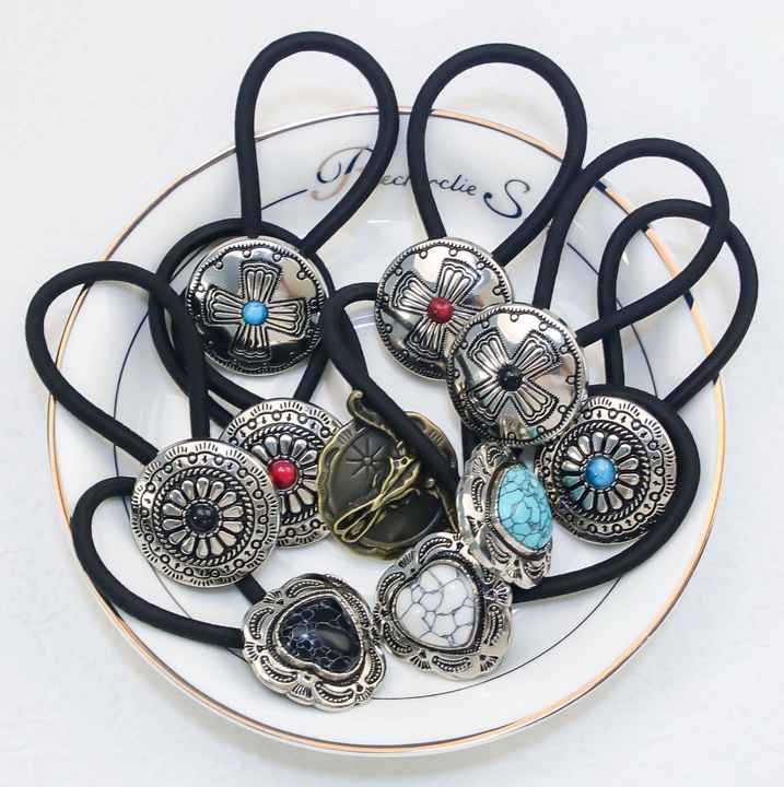 Western Hair Accessories for Women Turquoise Squash Blossom Hairband Tie Ponytail Holder Western Concho Pony Tail Hair Tie