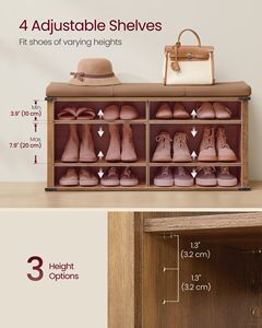 Banc de rangement pour chaussures en bois SENYU avec siège rembourré, étagère à 6 niveaux pour entrée, design moderne - Product Image 6