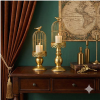 Porte-bougie romantique en fer doré en forme de cage à oiseaux, style vintage, en fil métallique