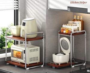 Estante de Almacenamiento para Microondas de 2 Niveles, Acero al Carbono y Madera Sólida, Extraíble, para Electrodomésticos de Cocina, Encimera, Horno, Olla Arrocera, Olla - Product Image 4