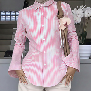 Chemisier <span class=keywords><strong>femme</strong></span> en polyester à manches longues, col en V, rayé, coupe ajustée, style décontracté, nouvelle mode automne, style transfrontalier Europe-Amérique - Product Image 1