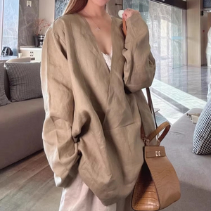 <span class=keywords><strong>Camicia</strong></span> di <span class=keywords><strong>lino</strong></span> firmata 2025 Pullover <span class=keywords><strong>oversize</strong></span> con scollo a V da <span class=keywords><strong>donna</strong></span> camicetta minimalista Chic Top Casual estivo traspirante - Product Image 1