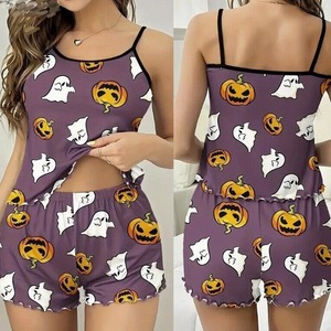 Conjunto de pijama camisola de Halloween para mujer, ropa de dormir con estampado de calabaza y <span class=keywords><strong>fantasma</strong></span>, pantalones cortos con dobladillo con volantes, ropa ligera para estar en casa - Product Image 2