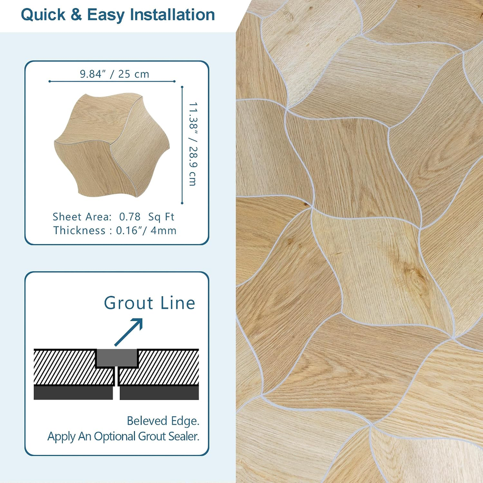 Curved Peel and Stick Floor Tile 4mm SPC Wavy Petal Organic Shape Wood ...