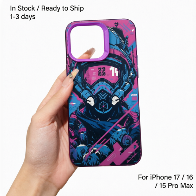 Cyberpunk Mecha Warrior Pattern TPU Case, Shockproof Phone Cover with Purple Lens Frame for iPhone 17 16 15 14 13 Pro Max