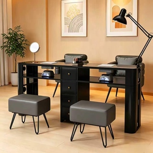 Salon Dedicated Glass <b>Nail</b> Desk Beige Style Single Double Person <b>Nail</b> <b>Table</b> & Chair Combo - Product Image 2