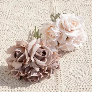 A-1516 Bulk real touch artificial silk 5 heads curling rose flower bouquet wedding real touch brown rose bouquet