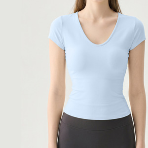 Haut de yoga à manches courtes à séchage rapide pour sports d'été, col rond, coupe ajustée, respirant, pour l'entraînement, la course, le fitness, les activités de plein air, blanc pour femme - Product Image 2
