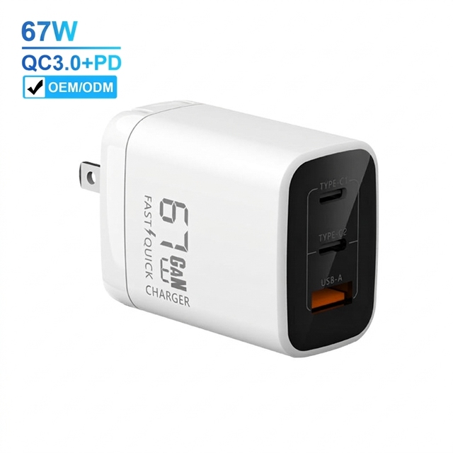 3 Port 67W GaN Charger Super Fast Charging Type C Adapter Wall Charger QC4.0 PD 3.0 USB-C Smart Charger for iPhone