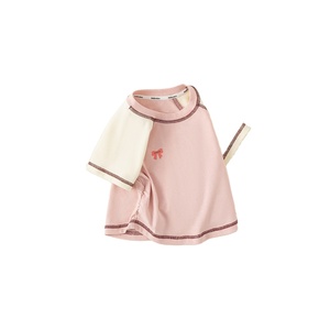 Abbigliamento per Bambini, Nuova T-Shirt Estiva per Bambine <span class=keywords><strong>con</strong></span> Maniche Corte Raglan in Cotone, Stampa a Blocchi di Colore <span class=keywords><strong>con</strong></span> Fiocco e Righe - Product Image 3