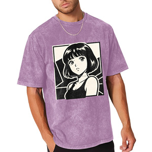 T-shirt vintage délavé pour homme, style rétro années 90, avec motif graphique <span class=keywords><strong>manga</strong></span> 'Short Bob Girl', esthétique japonaise, streetwear décontracté en coton - Product Image 2