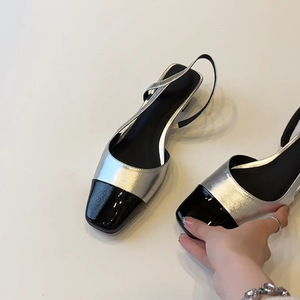 Sandales décontractées noires à talon bas de style français 2026 pour femmes, chaussures à bout fermé en cuir véritable épissé, sans talon, à la mode - Product Image 5