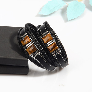 Tiger Eye Men's Leather Bracelet Black Multi Layer <b>Magnetic</b> <b>Clasp</b> Stainless Steel Buckle Gift Jewelry 7.5 8.5 9 Inches - Product Image 2