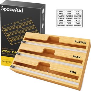 3 in 1 Wrap Dispenser with Cutter and Labels, Plastic Wrap, Aluminum Foil and Wax Paper Dispenser for Kitchen Drawer