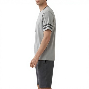 Men Solid Gray Crew Neck T-Shirt Set Knitted Breathable Short Sleeve Casual Summer Outfit Dark Gray Shorts Polyester/Cotton 180g - Product Image 5