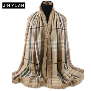 winter women inner mongolian pure wool scarves Shawl custom Ladies girls warm merino wool printed scarf with rex rabbit fur