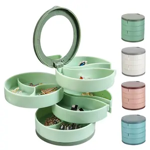 กล่องใส่เครื่องประดับแบบหมุนได้สี่ชั้นกล่องเก็บต่างหูสร้อยคอสร้อยข้อมือหลายช่องพร้อมกระจก - Product Image 2