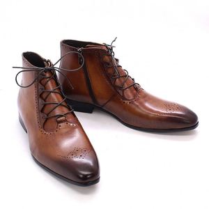 Classic Handmade Genuine Leather Men's High Top Pointed Toe Dress Shoes Men's Business Leather <b>Boots</b> - Product Image 2
