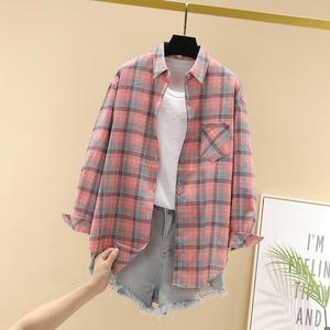 Blusa <span class=keywords><strong>de</strong></span> Franela a Cuadros Oversize para Mujer con Cuello Mao, Ajuste Holgado Casual, Abotonada, Estilo Urbano, 100% Fibra <span class=keywords><strong>de</strong></span> Bambú Antiarrugas - Product Image 3