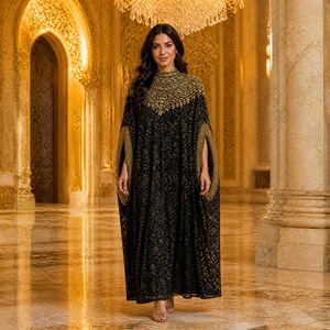 İşlemeli Kaftan Elbise, Pelerin Tarzı Yuvarlak Yaka, Raglan Kol, Bol Kesim, Dantelli, Uzun, Tesettür Parti Elbisesi, Orta Doğu Kadınları İçin - Product Image 4