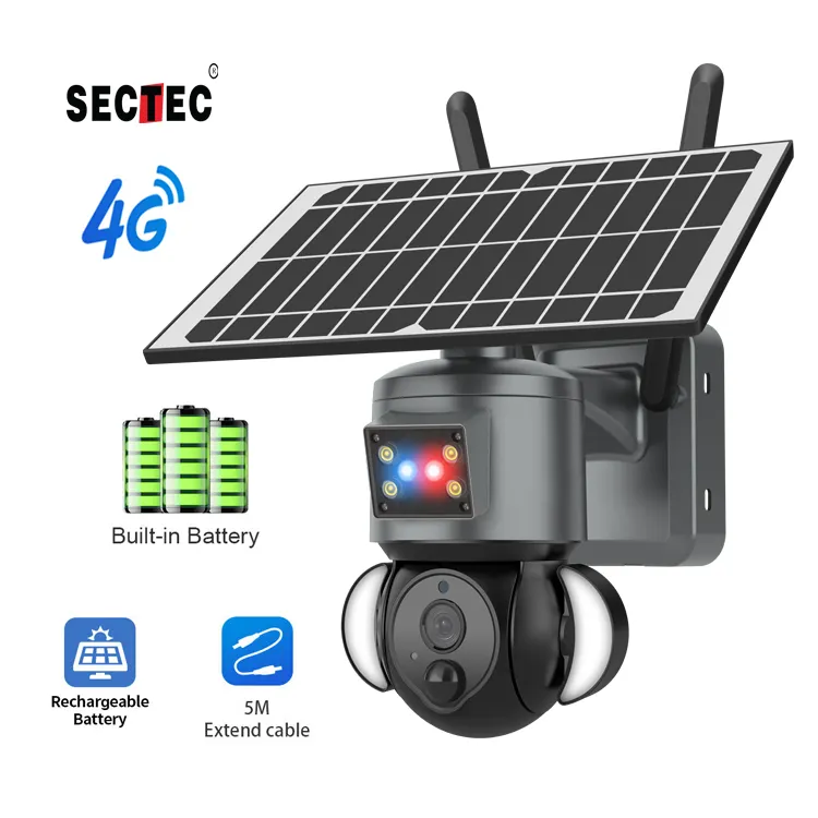 Sectec HD 4MP 2K 4G PIR 빨강 및 파랑 알람 솔라 카메라 IP65 방수 보안 PTZ 투광 조명 컬러 야간 투시경 카메라