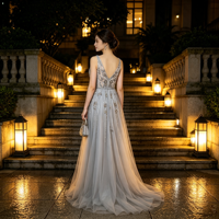 Robe de soirée longue en tulle argenté, col en V profond, sans manches, coupe trapèze, ornée de fleurs et de perles faites à la main, pour bal de promo ou soirée formelle