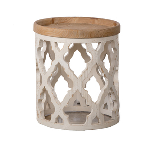 23 In Large Distressed White Side <b>Table</b> With Wooden Top And Lattice Design - Product Image 3