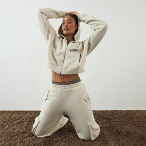 Sudadera con capucha corta extragrande de algodón cálido de felpa francesa lisa para mujer, con cremallera, de alta calidad, con logotipo personalizado OEM para gimnasio y deportes. - Product Image 1