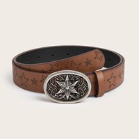 Cinturón de PU con Hebilla de Aleación y Estampado Étnico de Estrellas Marrones, Texturizado, de 2.8cm, Universal para Hombre y Mujer, Venta al por Mayor