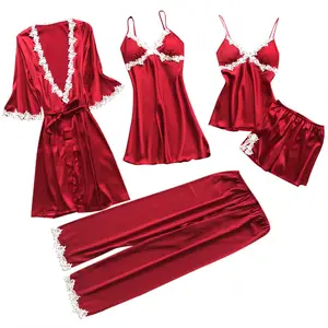 Conjunto robe feminino sexy, roupão de banho de renda + vestido para noite, 5 peças, roupas de dormir, conjunto de seda, feminino